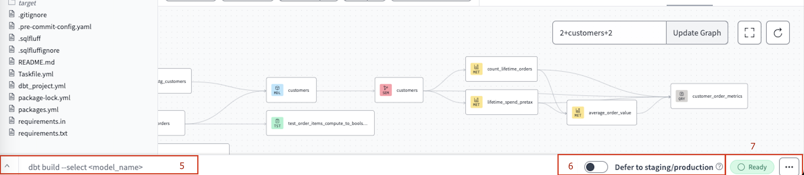 Use the Command bar to write dbt commands, toggle 'Defer', and view the current IDE status